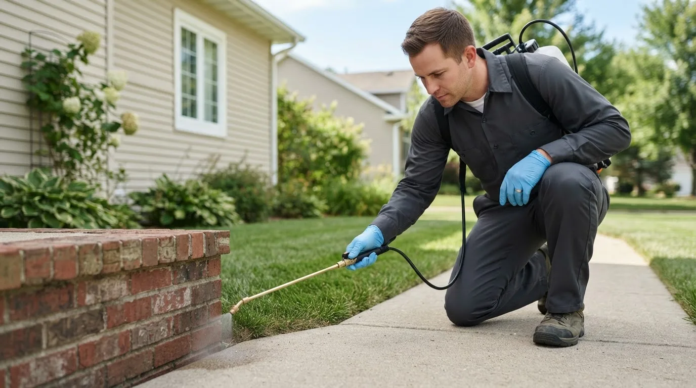 Pest control technician treating a home near Tipton, IA