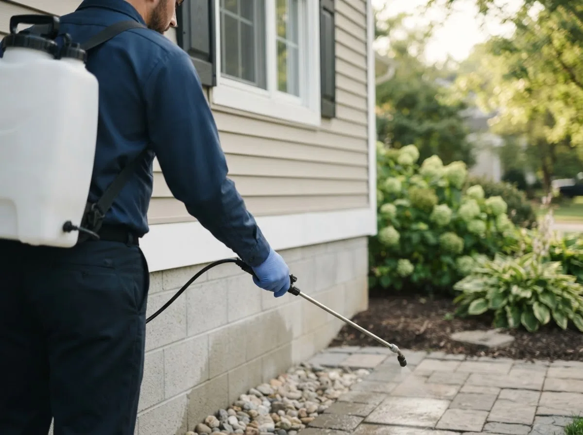 Pest control technician inspecting a home in Tipton, IA